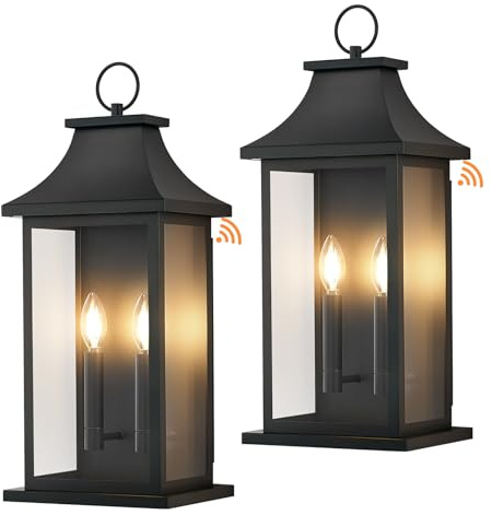 tewei 2-Pack Dusk to Dawn Outdoor Wall Lights, 22'' Porch Light Outdoor Wall Sconce Lantern, 2-Light Black Exterior Lighting Fixture Wall Mount, Outside Light for House Garage