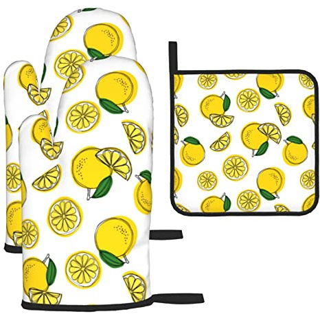 Heat Resistant Oven Gloves Set, Lemon Fruit Pot Holder Set For Baking, Grilling, 3 Piece Kitchen Mitts, Non-Slip & Waterproof Pot Holder Trivet For Baking, Bbq, Thermal Insulating Gloves, Hot Pads