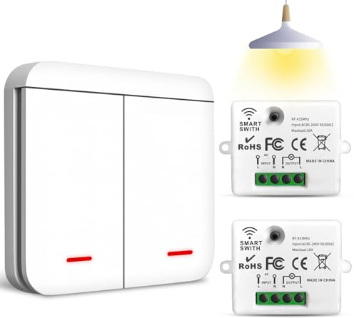Ghekkli 433Mhz Funk Lichtschalter, Interrupteur Sans Fil (Kit 1 pièce 2 in 1 interrupteurs + 2 récepteurs)- Sicherheitsschalter und Empfänger-Controller 10A für Lampen bis 2200W