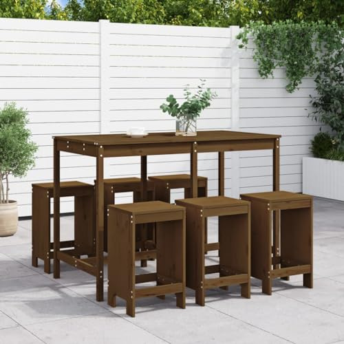 QJBSAVVA 7-TLG. Gartenbar-Set Honigbraun aus massivem Kiefernholz 159,5x82,5x110 cm klappbare Barhocker ohne Rückenlehne Robustes Outdoor-Möbelset für Balkon Terrasse Garten