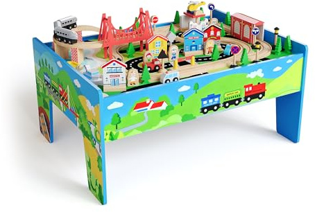 2-in-1 Train Table & Study Desk, 80 Pieces Wooden Kids Activity Playset with Tracks, Railway, Train & City Accessories, Gift for Toddler Boys Girls Ages 3+