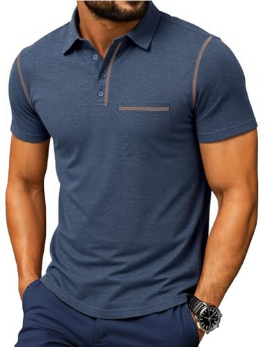 NITAGUT Poloshirt Herren Kurzarm Baumwolle Vintage-Look Golf Sommer Basic Unmarkiert Business Casual Polohemd mit Vier Tasten mit Brusttasche,Navy Blue 2XL