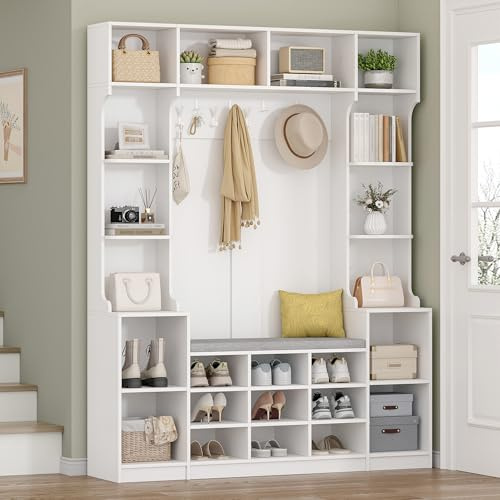 HEXCELEN Garderobenständer mit Schuhbank, 23 Offenen Fächern, 9 Haken, Weiß | Garderobe, 150 x 35 x 193,2 cm, Verstellbare Regalbretter, für Flure, Eingangsbereiche, Wohnzimmer