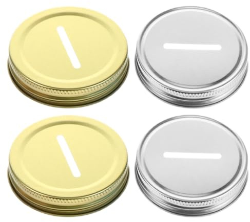 LALAFINA 4pcs 70mm Metal Coin Slot Bank Lids Mason Jar Covers Tinplate Canning Lids for Home Money Saving Jars Replacement Caps in Gold and Silver