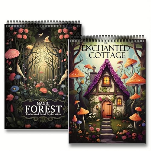 Malbuch für Erwachsene 2er Set – Ausmalbuch mit Magischer Wald und Hütten Motiven, 60 einseitige Illustrationen, Spiralbindung, Großformat 21 x 28,5 cm, Kreatives Malen und Geschenkidee