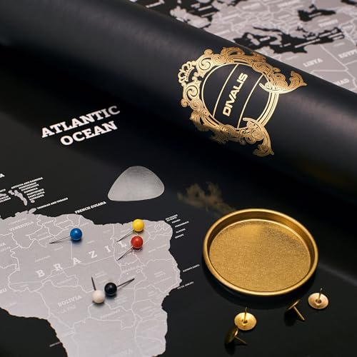 Rubbel-Weltkarte – XL-Poster mit Detaillierter Rubbel-Weltkarte in Schwarz und Silber – Hochwertige, Extragroße Reisekarte – Das Perfekte Geschenk für Abenteurer – Riesige Karte mit Zubehör