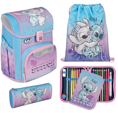 Undercover Cartable Set 5 pièces pour fille 1ère classe | Avec contenu personnalisé Sac de gym Trousse à crayons École primaire Motif Scooli, Lilo & Stitch, Ensemble cartable