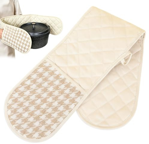 Off-White Double Oven Gloves,250°C Heat Resistant BBQ Oven Mitt Set 78x18cm | Non-Slip Oven Gloves, Machine Washable Thick Potholders for Kitchen Cooking,Dessert Making,BBQ Baking and Ovens