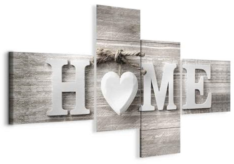 decomonkey Wandbilder Home 100x50 cm 4 Teilig Leinwandbilder Kunstdruck | Strukturleinwand, Holzkeilrahmen, Bild auf Leinwand, Wanddeko, Wohnzimmer, Wanddekoration, Haus, Holz, Herzen, Liebe, Vintage