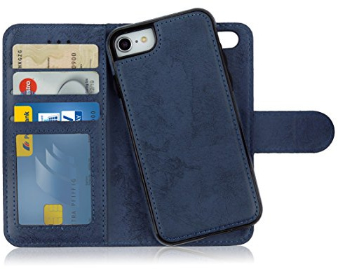MyGadget Flip Case für iPhone SE 2022 | 2020 | 7 | 8 - [ abnehmbare Magnet Hülle ] - Handyhülle aus Kunstleder - [ Klapphülle mit Kartenfach ] Schutzhülle in Blau