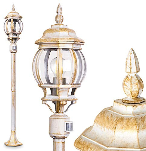 HOFSTEIN Außenstehleuchte Lentua mit Bewegungsmelder, Außenwegeleuchte aus Metall/Kunststoff in Weiß/Gold/Klar, Wegeleuchte im Antik/Vintage-Design für Garten, Außenbereich, Hof, 130 cm, E27, IP44