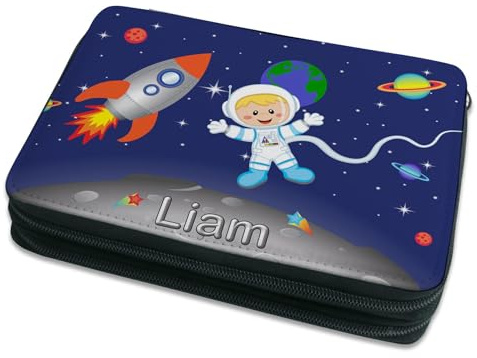 CreaDesign Kinder Federmäppchen mit (Wunsch) Namen, einzigartige Federtasche durch Personalisierung, Schulmäppchen - Motiv Weltall