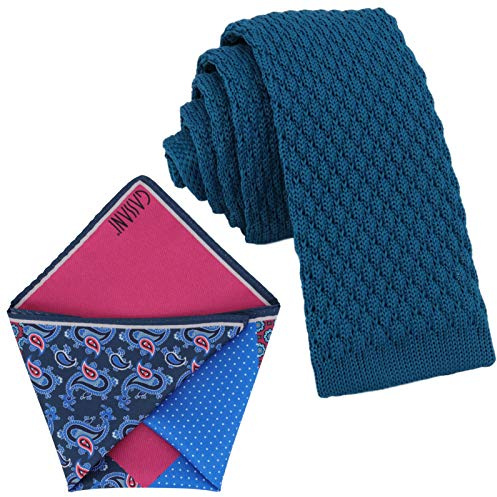 GASSANI Krawatten-Set, 6cm Schmale Blaue Strick-Krawatte, Dünne Vintage Herren-Krawatte Wolle Baumwolle, Einstecktuch Bunt 4 Verschiedene Designs