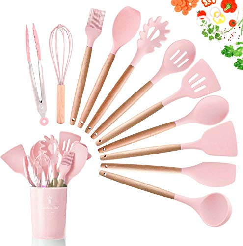 SGAONSN Küchenhelfer-Set, Silikon-Kochutensilien mit natürlichen Holzgriffen, Antihaft-Küchenwerkzeug-Pfannenwender (12 Stück), Rosa