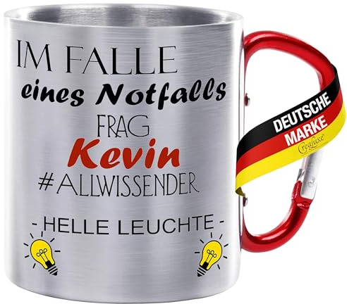 Crealuxe Edelstahltasse mit Karabiner - Im Falle eines Notfalls frag Wunschname...- 330ml, Tasse personalisiert, Kaffeetasse, Bürotasse, Metalltasse mit Name
