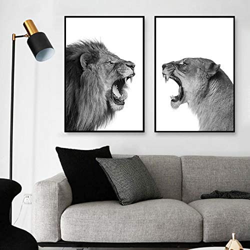 XIANGPEIFBH Löwe und Löwin Leinwand Gemälde Schwarz Weiß Tier Wandkunst Poster Drucken Leinwand Bild Wohnzimmer Wohnkultur Wandbild 20x30cm(8x12in) x2 Innenrahmen