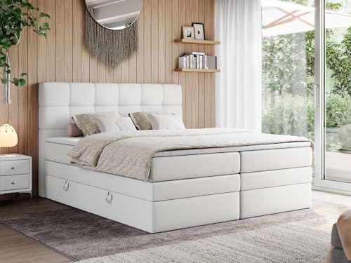 MKS MEBLE Boxspringbett 160x200 mit Bettkasten und Kopfteil, Bett mit Matratze H3 und Topper T25 - Boxbett - Weiß Kunstleder - ERNI King