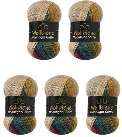Moonlight Glitter Batik Simli - Lote de 5 ovillos de lana para tejer de 100 g, 500 g, para tejer y ganchillo, 20% lana metalizada, lana turca degradado de color (3050 marrón/ocre/verde)