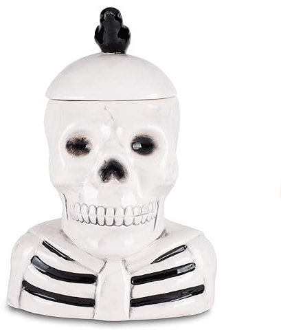 100 North Dolomite Ceramic 12 x 8.5 Halloween Cookie & Candy Jar with Airtight Lid: Perfect for Kitchen Canisters, Pet Treat Containers & Fall Decorative Candy Dish, Skeleton with a Crow