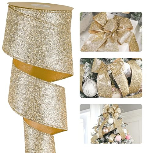 HUIHUANG Champagne Christmas Ribbon 2-1/2 Sparkle Metallic Glitter Wired Ribbon for Tree, Bows Making, Wreath Supplies, Gift Wrapping, Garland, Home Decor, Crafts -10 Yards