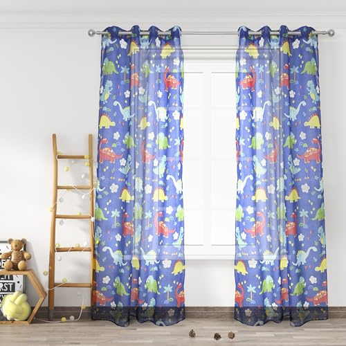 HOMEYA - Cortina Infantil tranparente 2 Unidades de 140 x 260 cm - Visillo jovenil con diseño Dinosaurios para Habitacion de niños. 100% Poliester