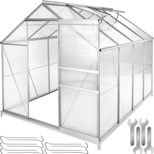 tectake® Garden Greenhouse, Polycarbonate Aluminium Frame with Roof Ventilation Window, Sliding Door, Walk in Greenhouse with Thermal Insulation & UV-Protection, 250x185x195 cm - With Foundation