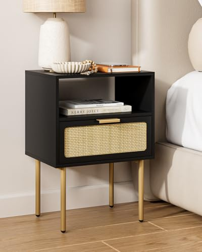 HEYZOEY Nachttisch aus Rattan, schwarzer Nachttische, Kleiner Beistelltisch mit Schublade, Nachttischmöbel, Beistelltisch mit goldenem Rahmen für Schlafzimmer, Wohnzimmer