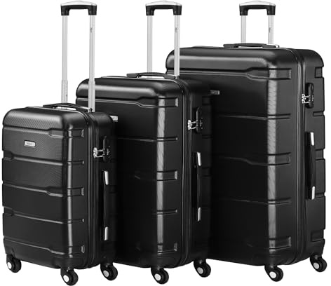 Zelsius Koffer Set 3 Stück, Schwarz | ABS Hartschalenkoffer mit Zahlenschloss, Doppelrollen und Innen Trennwand | Trolley, Koffer Groß, Luggage Set, Handgepäckkoffer, Hartschalenkoffer Set 3 teilig