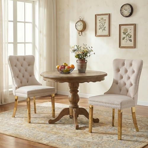 SoarFlash Ensemble de 2 chaises de Salle à Manger en Velours, Chaise tapissée capitonnée avec Bordure en Clous de cuivre, Jambes en Métal plaqué Or pour Cuisine, Beige