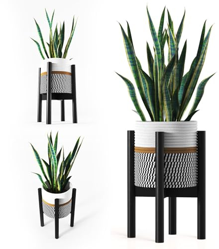 AMARA DECO - Set Textil-Blumentopf + Bambus-Pflanzenständer für Künstliche Pflanzen oder Natürliche Pflanzen im Innenbereich.Plant Stand oder Blumenständer für Heimdekoration (Schwarz)
