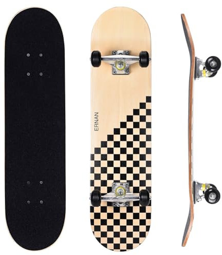 ERNAN Skateboard 31x8 Zoll Komplette für Kinder Jugendliche Erwachsene, komplettes Standard-Skateboards, 7 Schichten Ahorn-Deck, konkaves Skateboard (Wooden Plaid)