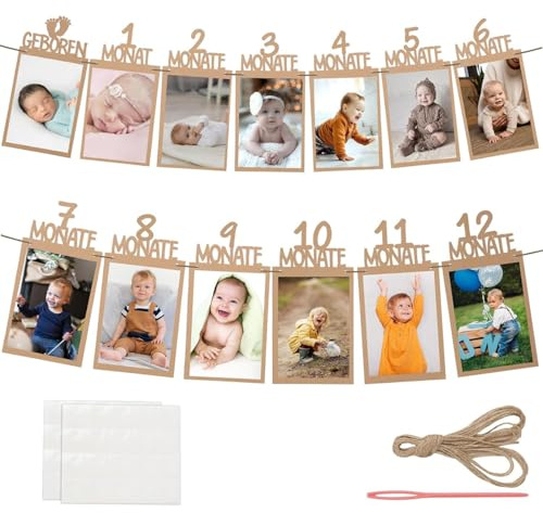 Foto Banner 1. Geburtstag für 1 bis 12 Monate, Deutsch Baby Meilenstein | 1 Jahr Girlande,Braun Kraftpapier Girlande, Hängende Foto Wanddekoration für Mädchen Jungen Party Deko Feiern