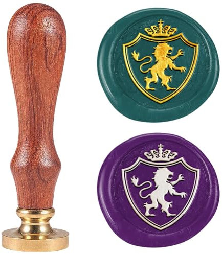 DELORIGIN Siegelstempel Aus Wachs Mit Mittelalterlichem Schild Und Löwe 25mm Abnehmbarer Messingkopf Mit Holzgriff Siegelwachsstempel Für Einladungskarten Festivalgeschenke Dekoration