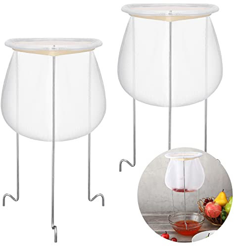Set of 2 White & Silver Jelly Strainer Stands with Reusable Food Filter Bags - Stainless Steel Sieve Stand for Various Pan & Bowl Sizes - Ideal for Straining Jelly, Yogurt, Cheese & More