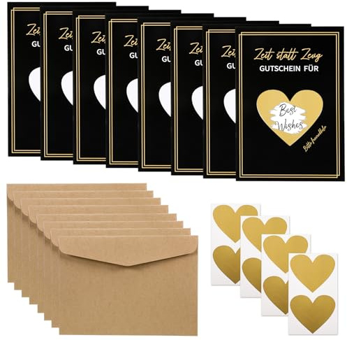iewrtcin 8 Stück DIY Valentinstag Rubbelkarten mit Siegel Aufkleber, Kraftpapier Umschläge, und Herzform Kratzfilm, Rubbellose für Glückwunschkarte, Postkarte zum Geburtstag,