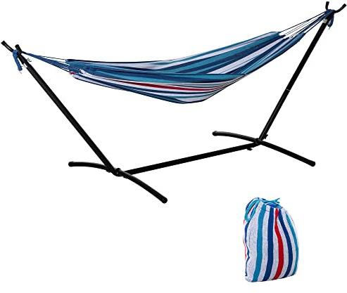 Outsunny Hamaca con Soporte 310x117 cm Altura Ajustable Azul y Blanco | Hamaca de Camping, Bolsa de Transporte Portátil, Carga 120 kg, para Patio Terraza