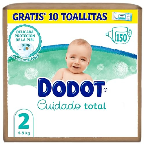 Dodot Pañales Bebé Cuidado Total, Talla 2 (4-8 kg), 150 Pañales + Regalo de 10 Toallitas Aqua Pure 99% Agua, Protección Delicada De La Piel, Pack Mensual