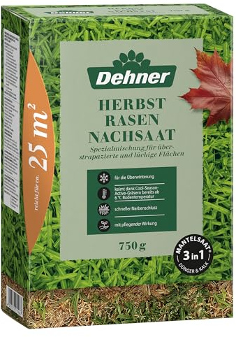 Dehner Saatgut Herbst-Nachsaat, hochwertige Mantelsaat für dichten und regenerierten Rasen, schnell keimend/nährstoffreich/robust, ideal zur Auffrischung nach dem Sommer, 750 g für ca. 25 m² | dichten und regenerierten Rasen, schnell keimend / nährstoffreich / robust, ideal zur Auffrischung nach dem Sommer