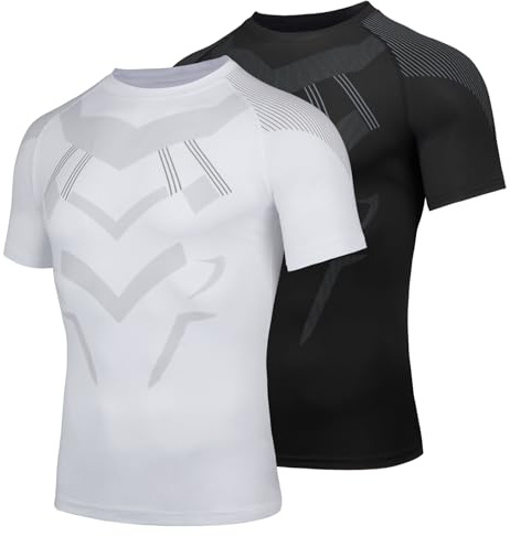 AMZSPORT Chemise de Compression à Manches Courtes pour Hommes T-Shirt de Course Respirant, Pack 2: Noir Blanc, XXL