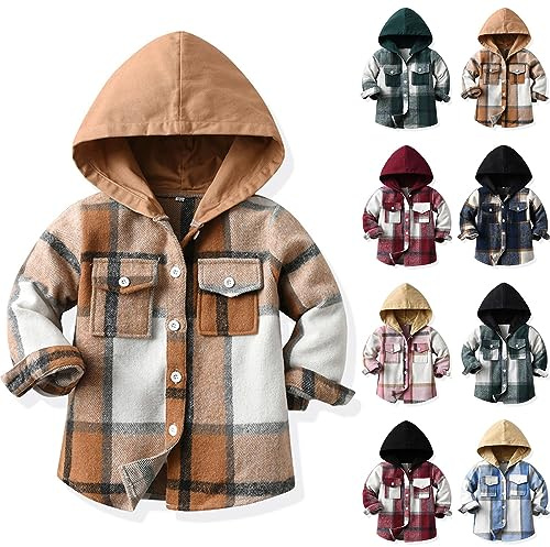 Karierte Jacke mit Knopfleiste Kinder Junge Mädchen Flanellhemd Jacken Langarm Baby Kapuzenjacke Coole Übergangsjacke Hemdjacke Freizeit Mäntel Outdoor (G, 3-4 Years)