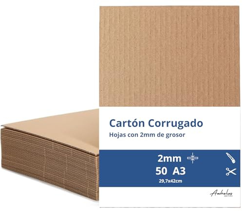 50 A3 Cartone Artigianato 2 mm | Confezione da 50 fogli - Dimensioni 42 x 29,7 cm | Cartone da 2 mm di spessore | Lastra cartone ondulato marrone | Per imballaggio, spedizzione e Artigianato