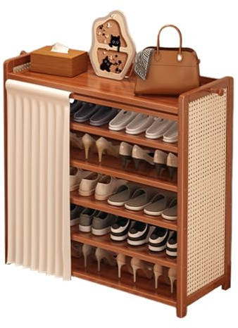 Zapatero Estrecho Zapatero Madera Maciza Gran Espacio de Almacenamiento Diseño Compacto y Salvaspacio Puerta de Armario de Ratán Con Cortina para Entrada y Recibidor brown 19.7*9.4*38.9in