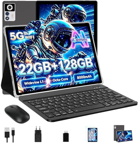 ZIOVO Android 14 Tablet 10 Zoll, 22GB RAM + 128GB ROM (2TB TF), Widevine L1 | 8000 mAh | Octa-Core | 2,0 GHz | 2.4G+5G WiFi | BT 5.0 | 5 + 8 MP, Tablet Touchscreen mit Tastatur und Maus, Schwarz