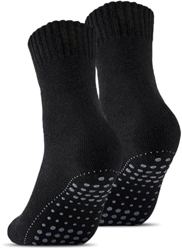 Stoeury 2 Paar ABS Socken mit Wolle Herren Damen, Anti Rutsch Wollsocken aus Volle-Frottee, Rutschfeste Stoppersocken, Warme Haussocken, Valentinstag für Ihn Sie, Schwarz, 39-42