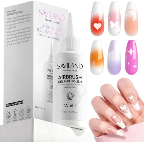 SAVILAND Avanzato Smalto Gel per Aerografo, 50 ML Bianco Smalto Gel Senza Diluizione, Senza Acetone per Unghie, Basso Odore l'aerografo Vernice per Aerografo per Unghie Ombre Nails French Nail Art