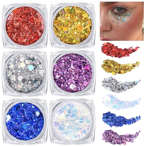 6 Stück Festival Glitzer Gesicht,Body Glitter Gel Festival Zubehör Gadget | Face Body Glitter Festival Zubehör Accessoires Gadget, Halloween, Karnevalsparty & Weihnachts-Make-up-Zubehör