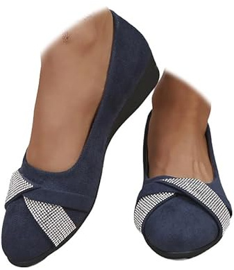 Scarpe da donna comode, elastiche incrociate, con zeppa, ballerina, alla caviglia, con cinturino incrociato, punta arrotondata, comoda pompa, Strass Blu, 40 EU