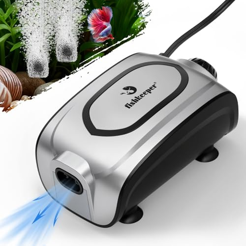 fishkeeper Leise Aquarium Luftpumpe, Leistungsstarke Mini Aquarium Sauerstoffpumpe, 5W 420L/H Doppelausgang Sauerstoffpumpe mit Regelbarer Luftströmung & Luftstein für 1–600L Aquarien (Silber-Grau)