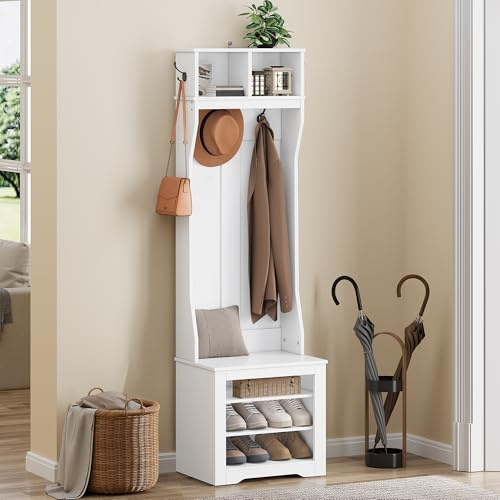 YITAHOME Garderobenständer mit Schuhbank, Garderobenschrank, Garderobe, Flurgarderobe mit 5 Haken & Oberschrank, für Diele & Wohnzimmer,Verstellbare Regalebenen Schuhschrank,50x35x180.5cm, Weiß