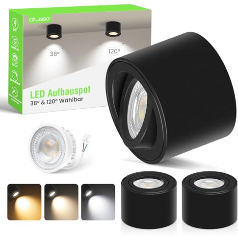 ALUSSO LED Aufbauspot Schwarz, 6W 540LM Dimmbar, 3er-Pack 3CCT Deckenspots | 3000K/4000K/6500K, 540LM 230V, 38°/120° verstellbar, LED Modul austauschbar, Ø 80x50mm, Aluminium, Badezimmer